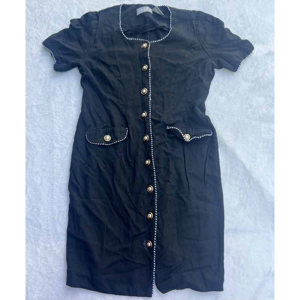 Vtg Liz Claiborne Midi Dress Linen Black Button Front 70s 80s Pockets Size 2 EUC